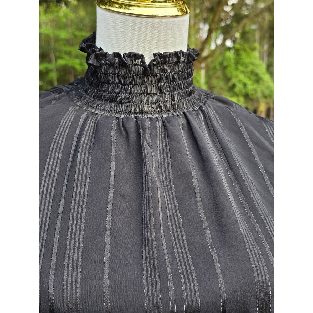 Shinestar Black Shimmer Striped Smocked High Neck Blouse Large Flutter Sleeve - Picture 2 of 8